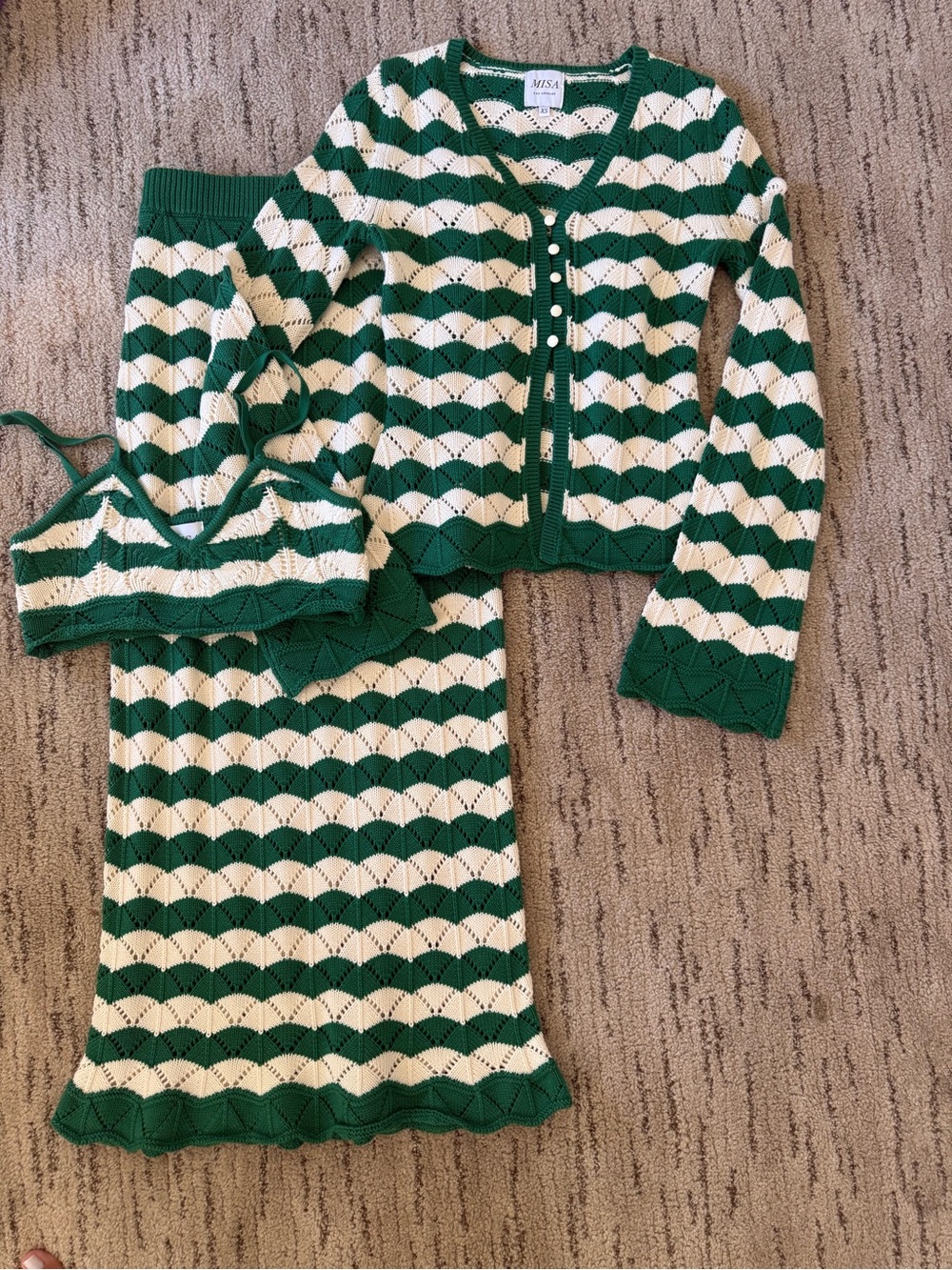 Misa Los Angeles Green and Cream Knit Skirt, Cardigan & Bralette Set - Picture 4 of 14